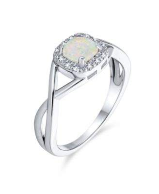 Delicate Dainty Pave CZ Halo Circle 1CTW Square Solitaire Created White Opal Promise Ring .925 Sterling Silver