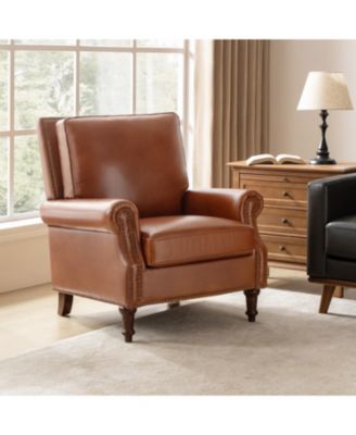 Wajeeh 33"W Mid-Century Modern Buttery Genuine Leather Accent Chair With Solid Wood Legs