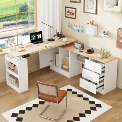 63 in. W L- Shaped Adjustable Height Desk Ergonomic Stand Up Desk White Home Office Sit With Memory Preset Controller