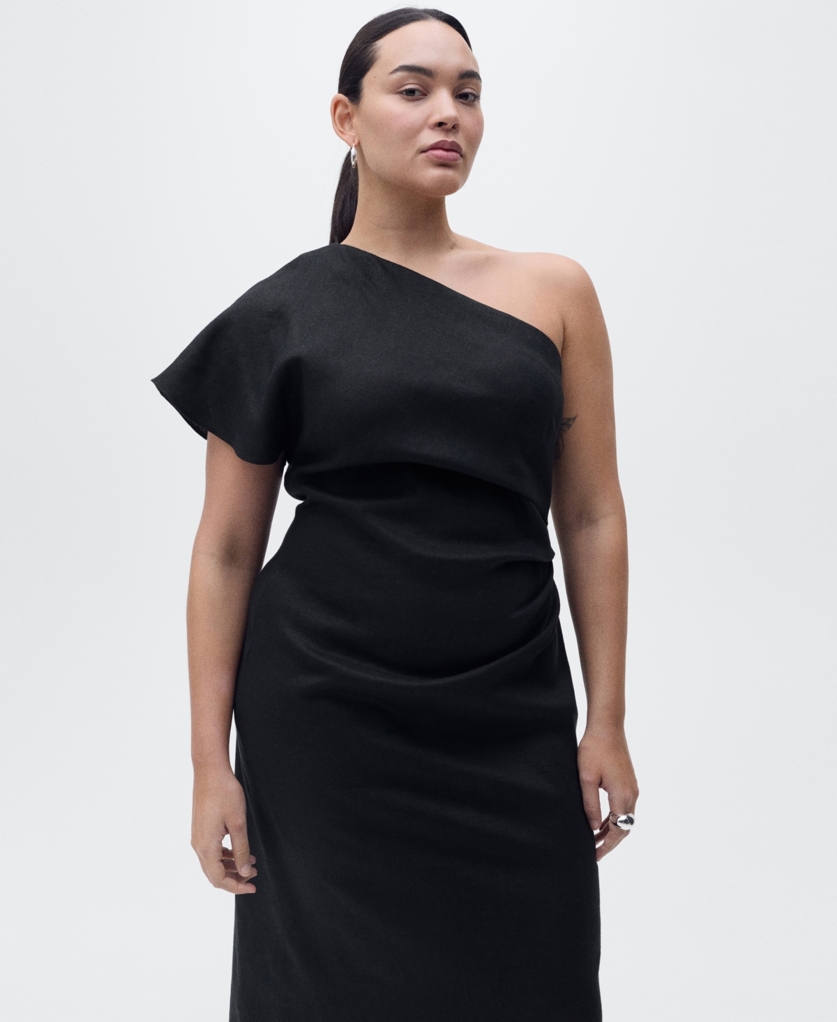 Mango Asymmetrical Linen Dress Black In Black