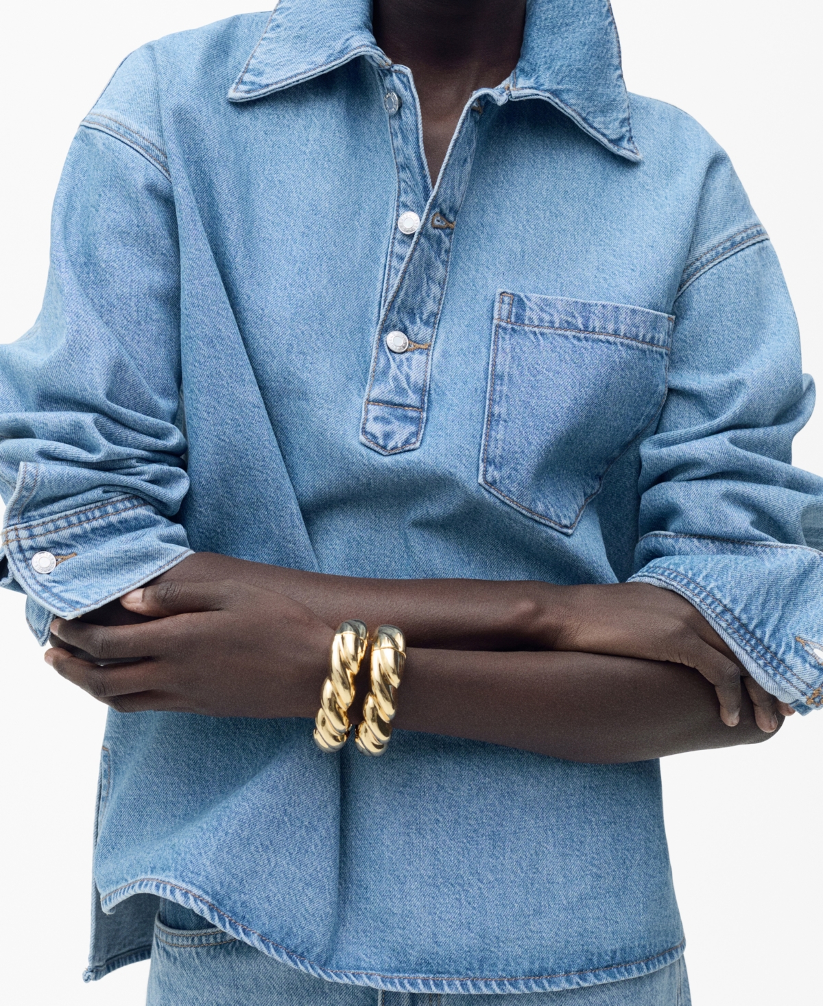 Shop Mango Women's Pocket Denim Blouse In Medium Blue