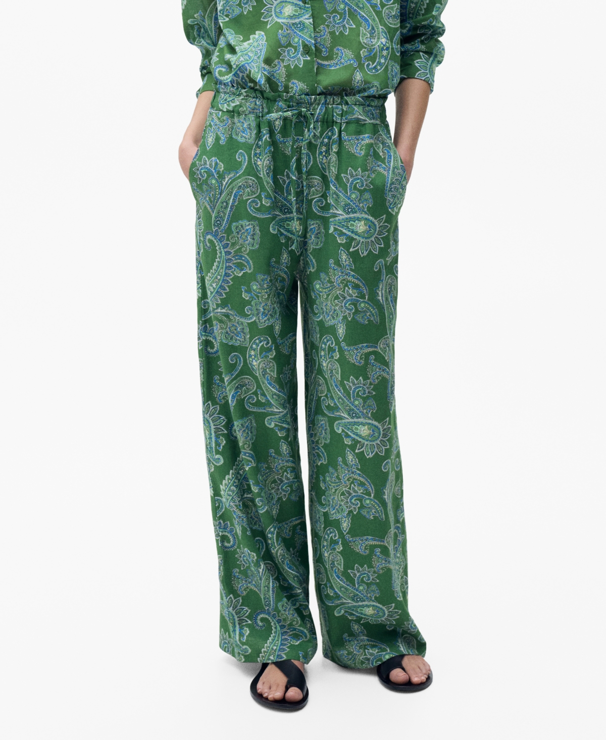 Shop Mango Women's Paisley Linen Pants In Green