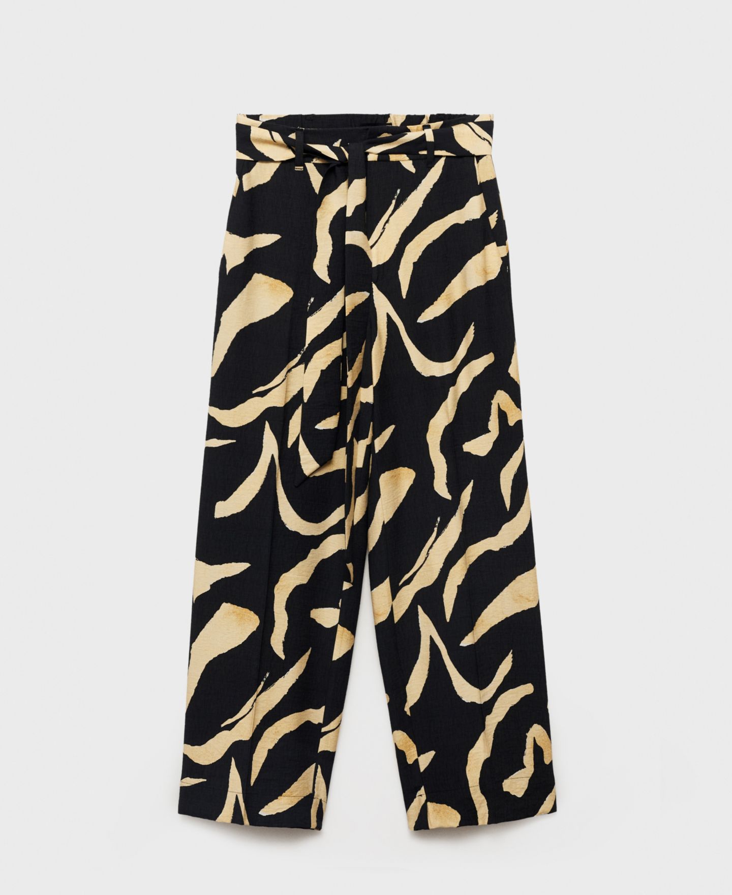 Женские брюки Mango Belted Printed Straight Trousers, цвет: Чёрный — фото 1