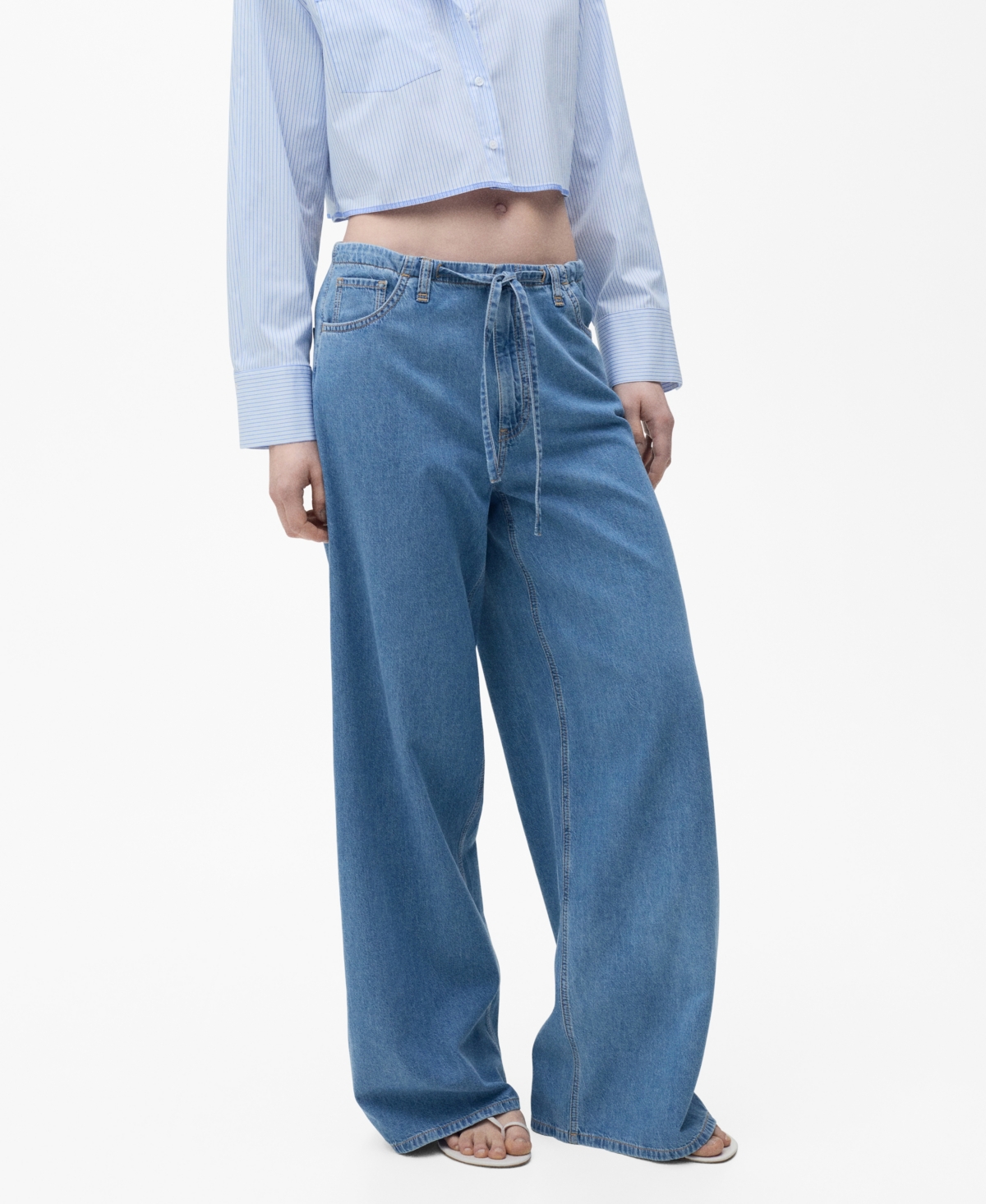 Shop Mango Women's Belted Wide Leg Denim Pants In Medium Blue