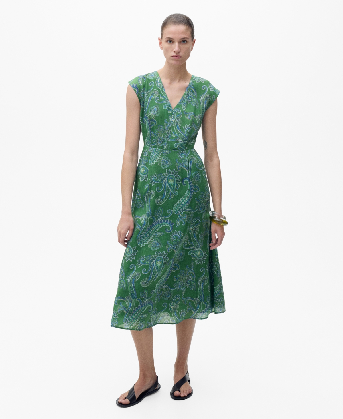 Mango Paisley Print Midi Dress In Green