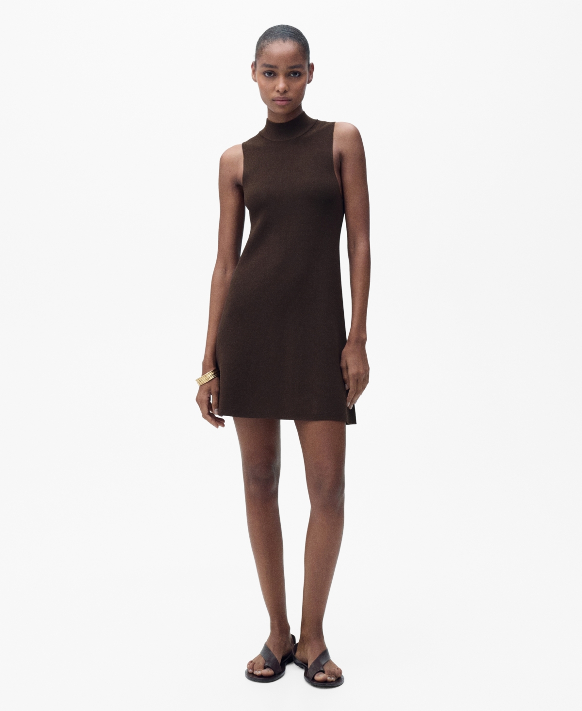 Shop Mango Women's Perkins-neck Knitted Dress In Chocolate