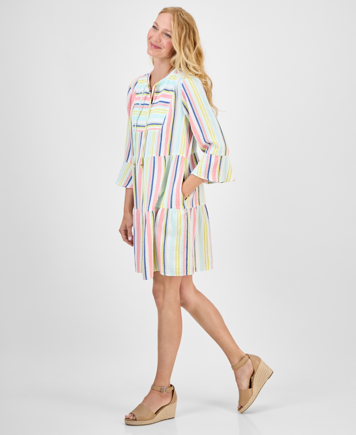 Style & Co Women's Striped Cotton Gauze Tiered Dress, Exclusively At Macy's
