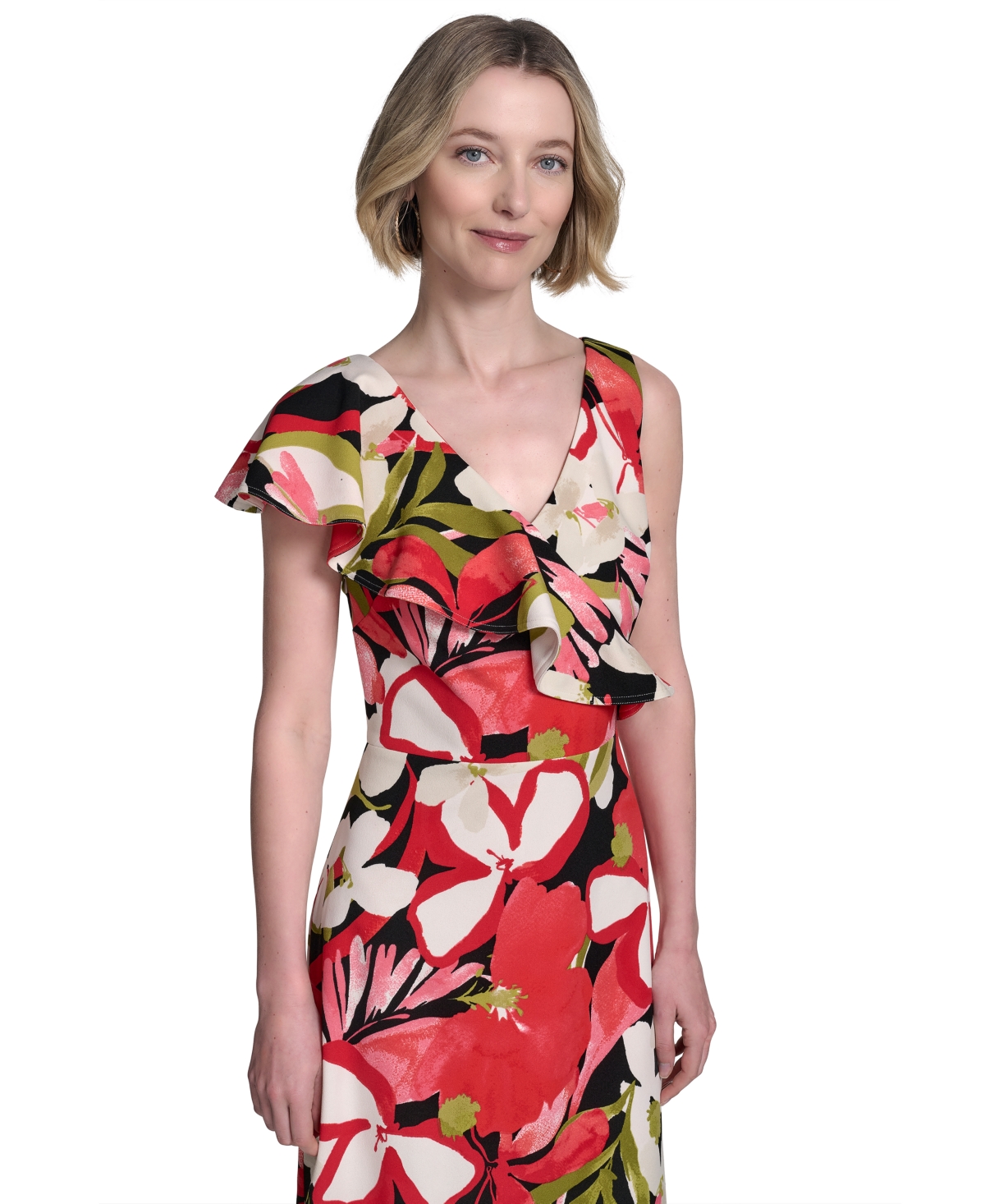 HALSTON WOMEN'S PRINTED ASYMMETRIC RUFFLED MIDI DRESS 