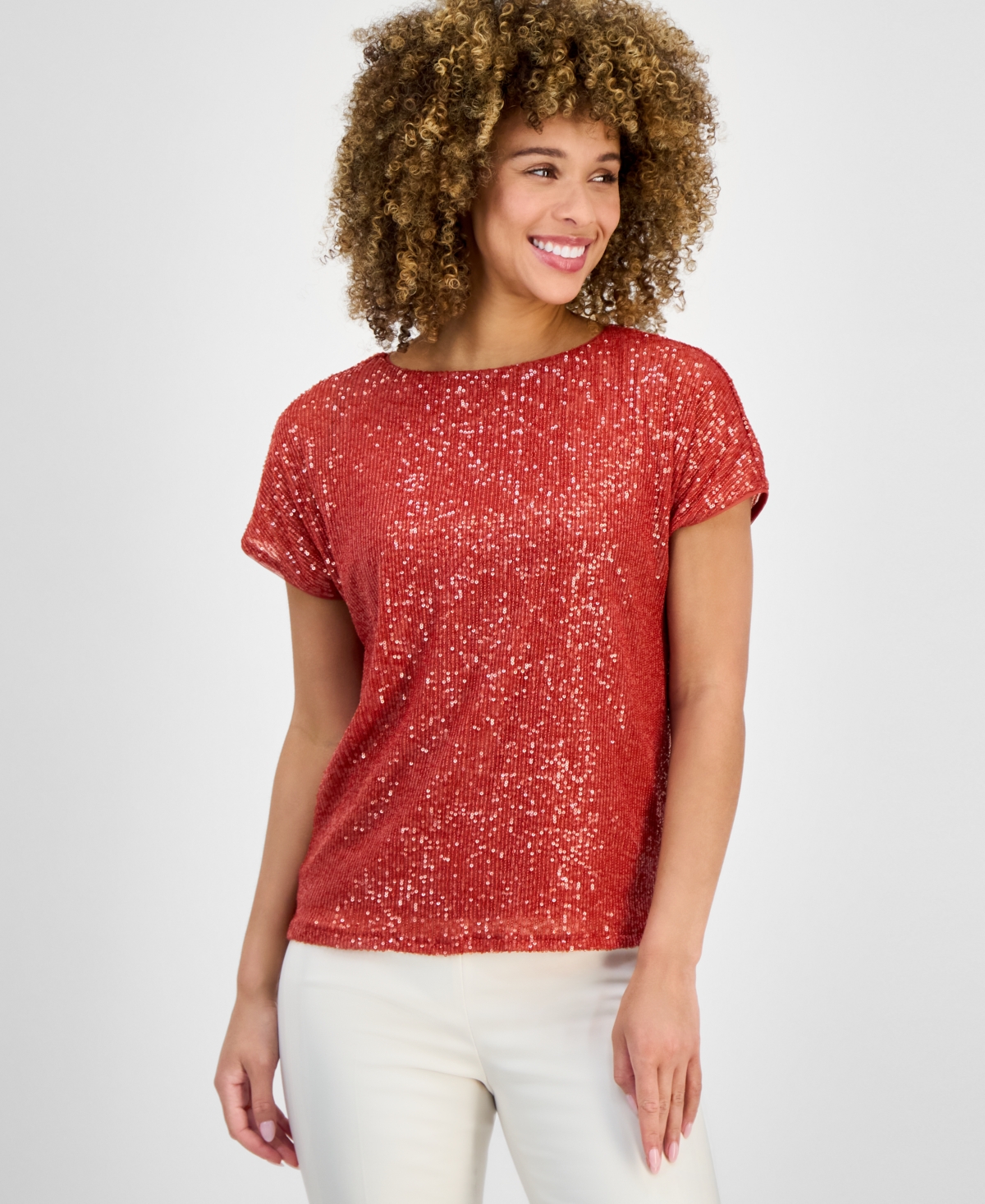 Anne Klein Dolman Sleeve Sequin Top In Red