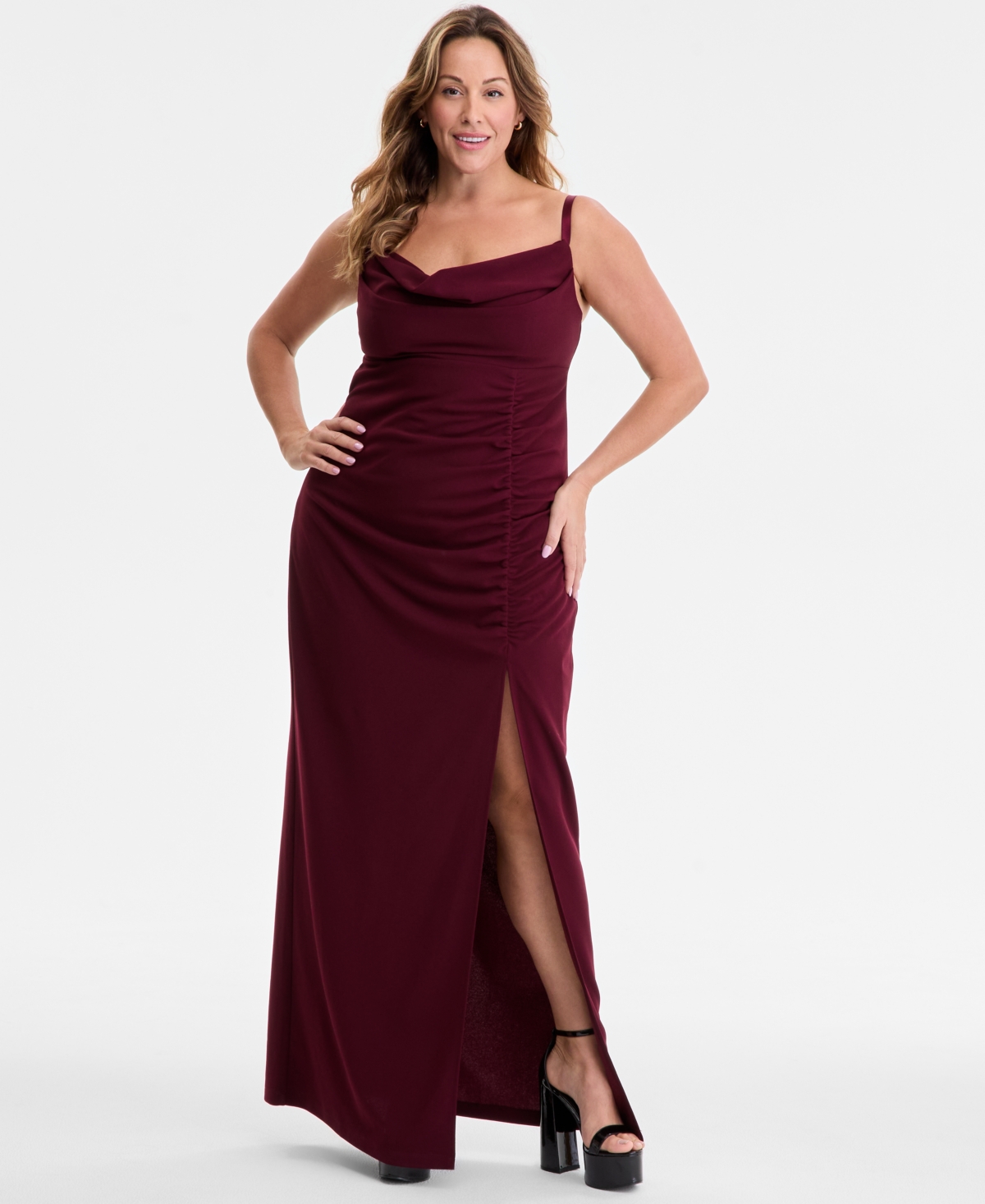 Trendy Plus Size Cowlneck Side-Ruched Maxi Dress, Created for Macy's - Wine