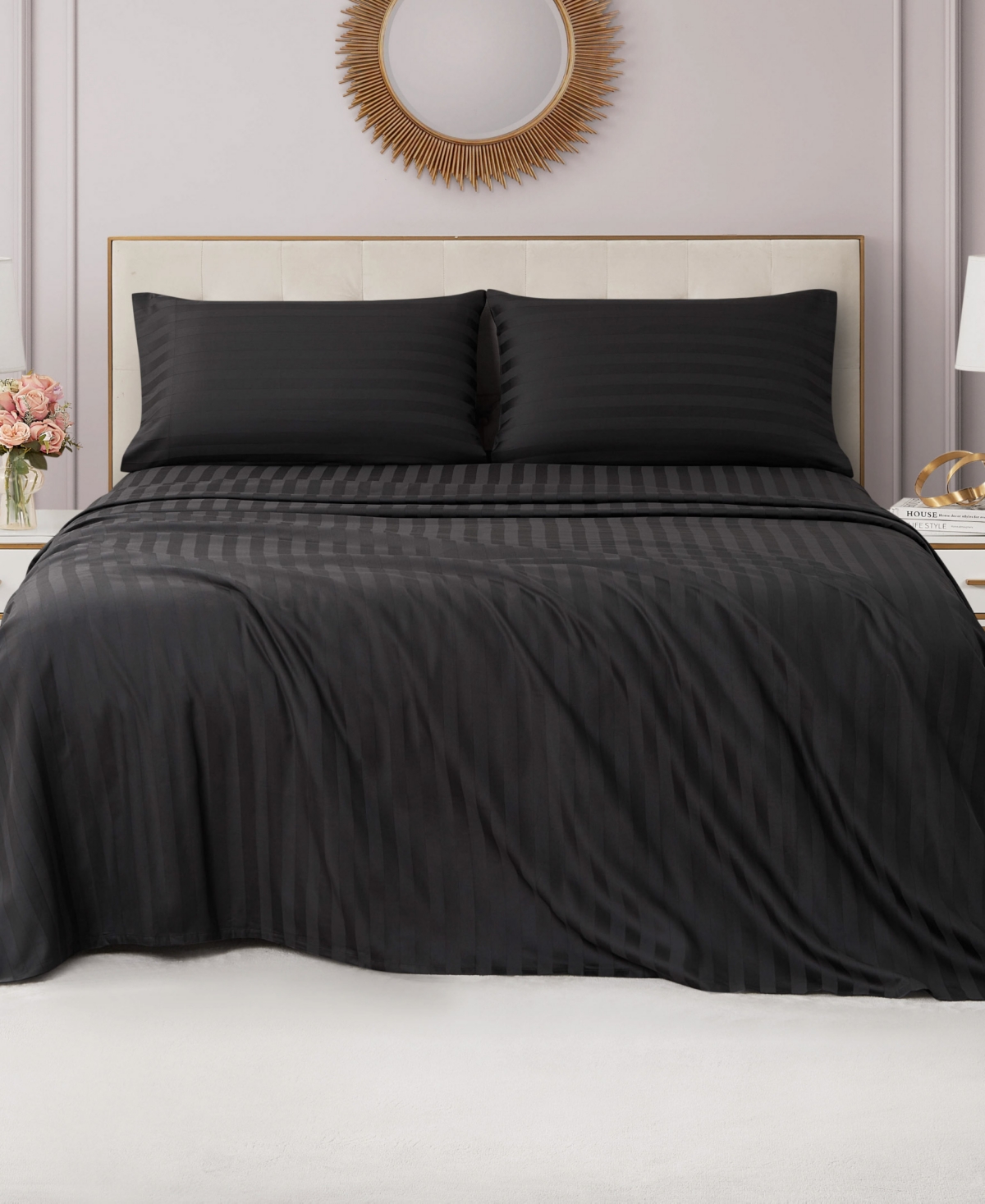 Juicy Couture Royal Dreams Damask Stripe 300-thread Count Sateen Cotton 4-pc. Sheet Set, King In Jet Black