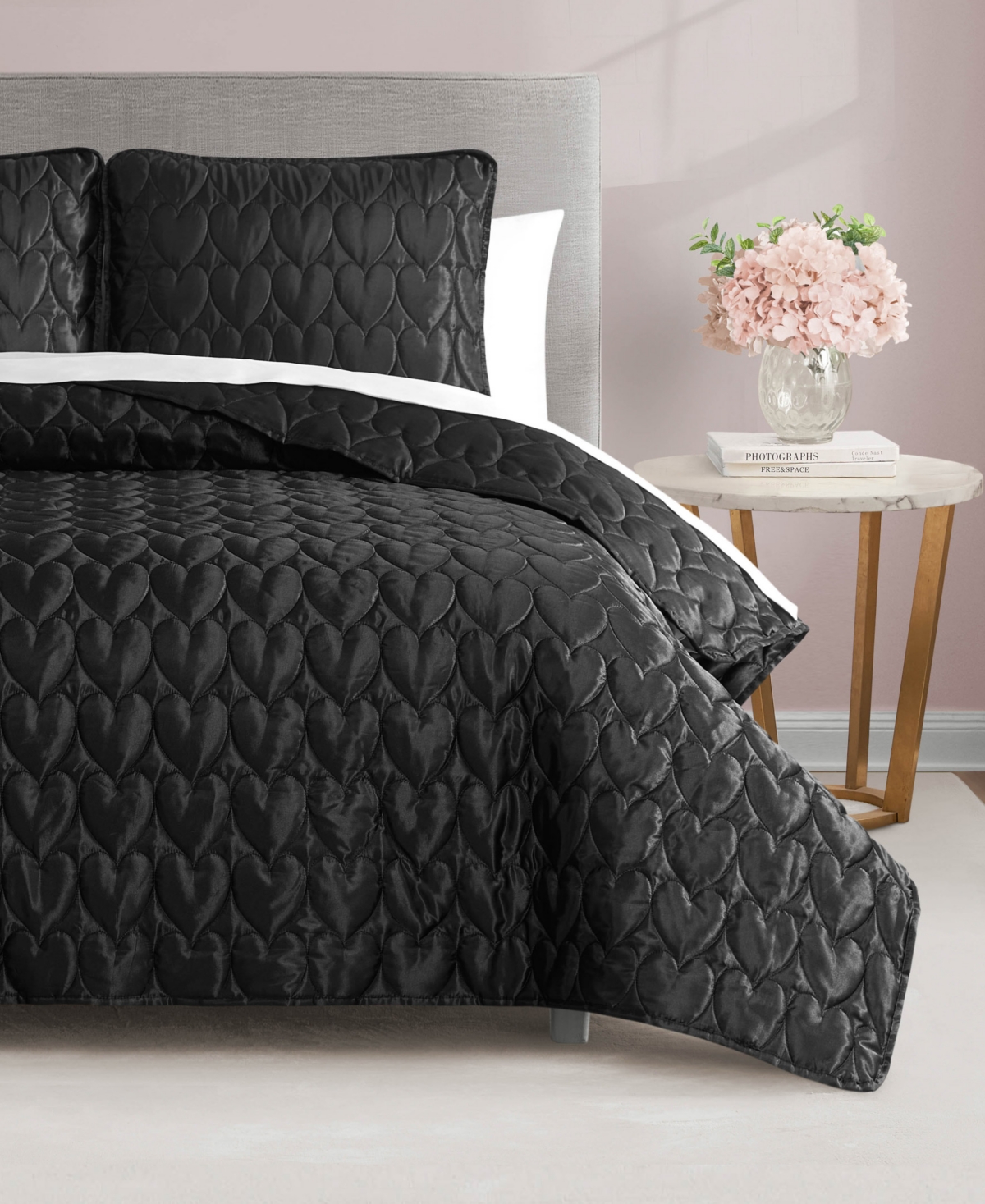 Juicy Couture Satin Heart Stitched 3 Pc. Quilt Set, King In Black