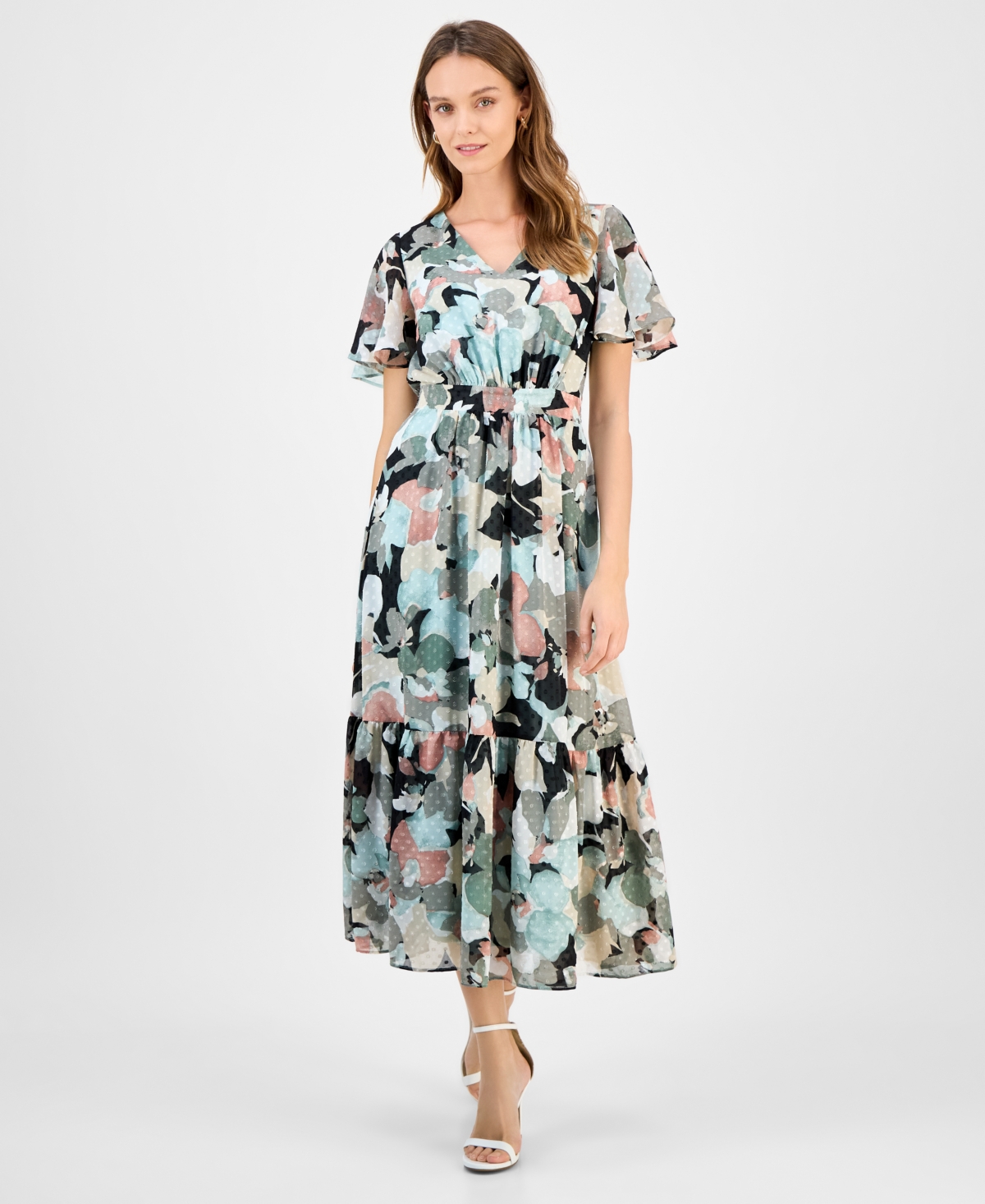 Women's Printed Swiss Dot Flutter-Sleeve Midi Dress - Black Multi