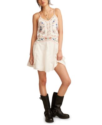 linen corded embroidered strappy woven mini dress Embroidered Mini Dress In Linen-cotton Blend For Women