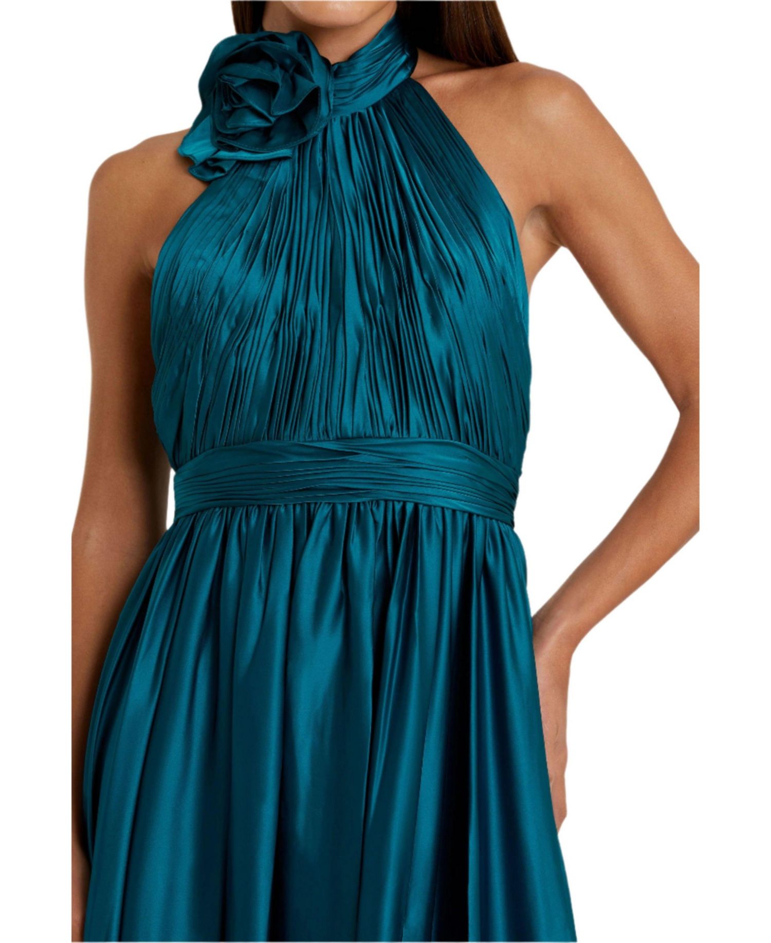Women's Pleated Charmeuse High Neck Sleeveless Midi Dress