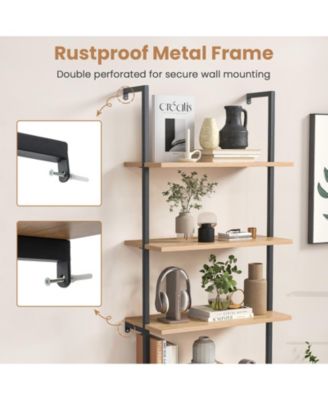 71 Inch 6-Tier Wall Mounted Ladder Bookshelf with Rattan Cabinet-Natural