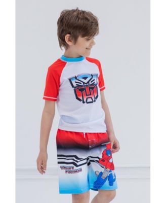 Boys Megatron Optimus Prime Bumblebee Rash Guard and Swim Trunks Outfit Set to