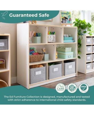 EdQ 3-Shelf 8-Compartment Storage 36" - Natural: Kids' Wooden Cubby Cube Bookshelf with Bins for Toys and School Supplies