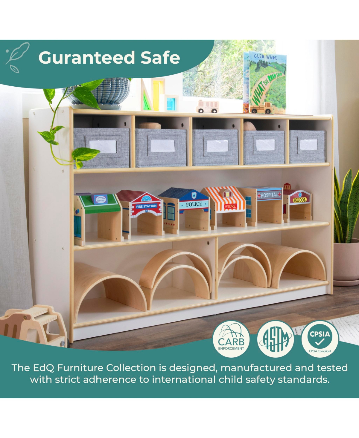 Guidecraft EdQ Shelves and 5 Bin Storage Unit 30" - Natural: Children's Wooden Toy Storage Organizer for Kids' Bedrooms and Playrooms