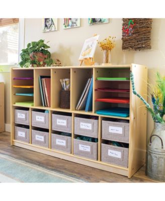 EdQ Shelves and 10 Bin Storage Unit 30" Natural: Wooden Bookcase with Compartments for Kids' Toys and Books in Playroom