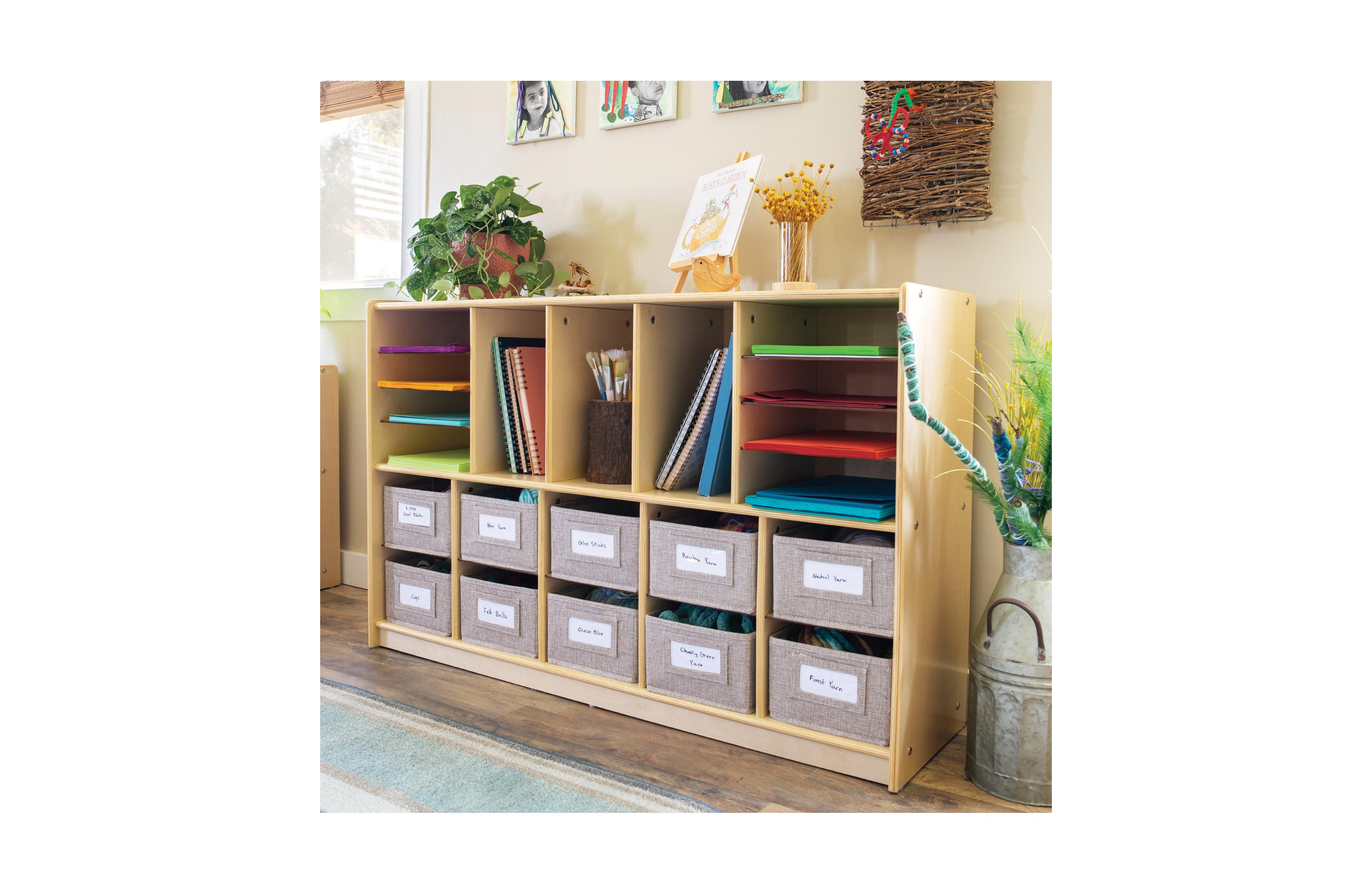 Guidecraft EdQ Shelves and 10 Bin Storage Unit 30" Natural: Wooden Bookcase with Compartments for Kids' Toys Books Playroom