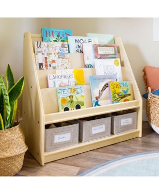 EdQ Book and Bin Display - White: Children's Wooden Bookcase with Shelves and Storage Bins for Kids' Books and Toys