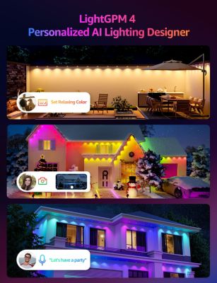 E1 AI Permanent Outdoor Lights APP Control, 50ft Smart RGB+IC Christmas House Lights with 30 Warm/Cool White LED Pucks, Alexa Google Enabled, AI Generated Lighting LLM, NO Remote, 2.4 GHz WiFi