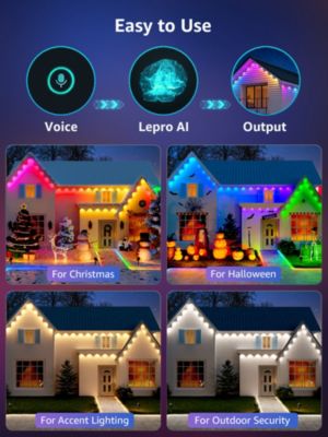 E1 AI Permanent Outdoor Lights APP Control, 150ft Smart RGB+IC Christmas House Lights with 90 Warm/Cool White LED Pucks, Alexa Google Enabled, AI Generated Lighting LLM, NO Remote, 2.4 GHz WiFi