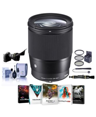 16mm f/1.4 DC DN Contemporary Lens for Canon EF-M, Black, Bundle with ProOptic 67mm Filter Kit, Flex Lens Shade, Cleaning Kit, Cap Tether, Lens