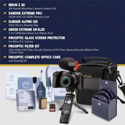 Z 30 Mirrorless Camera Creator's Kit, Bundle with 64GB Memory Card, Shoulder Bag, EN-EL25 Battery, Screen Protector, 46mm Filter Kit, Cleaning