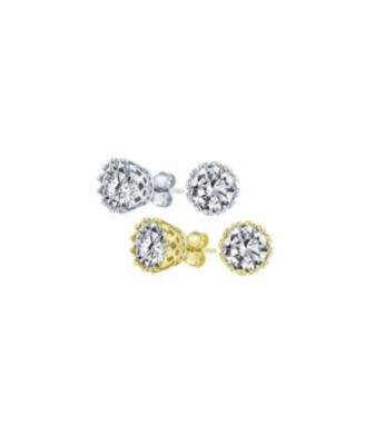 Set of 2 Crown Basket Clear CZ Stud Earrings Gold Plated Sterling Silver 6MM