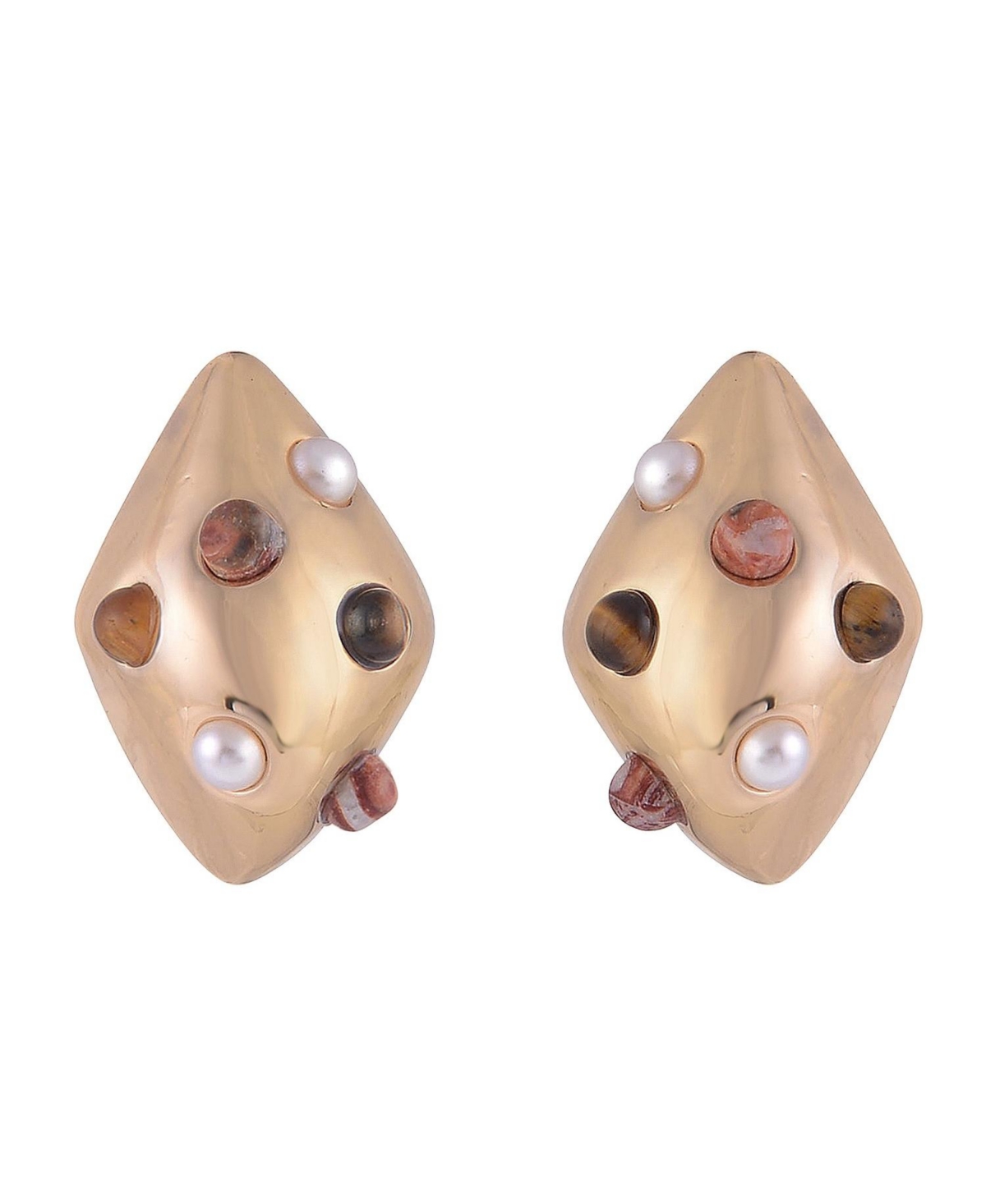 Gold Tone Dome Shape Drop Earrings with Pearl and Stone Accents - Gold