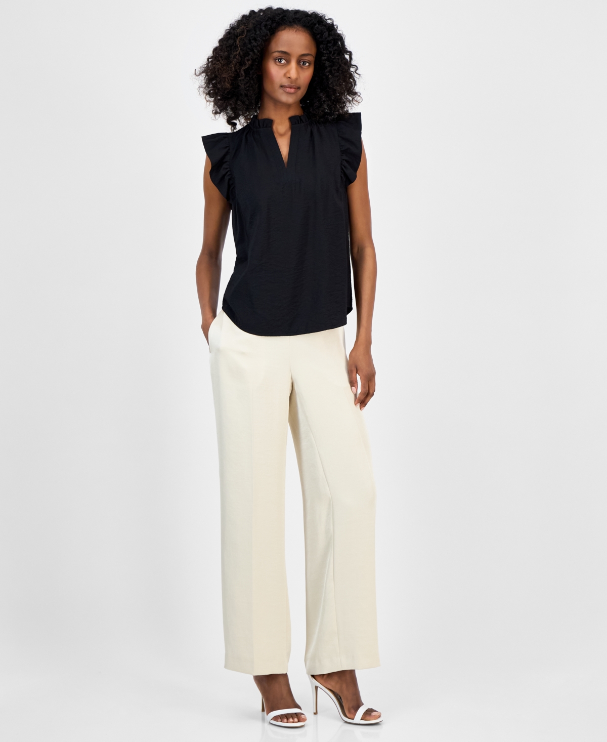 ANNE KLEIN WOMEN'S SLEEVELESS TEXTURED RUFFLE BLOUSE 