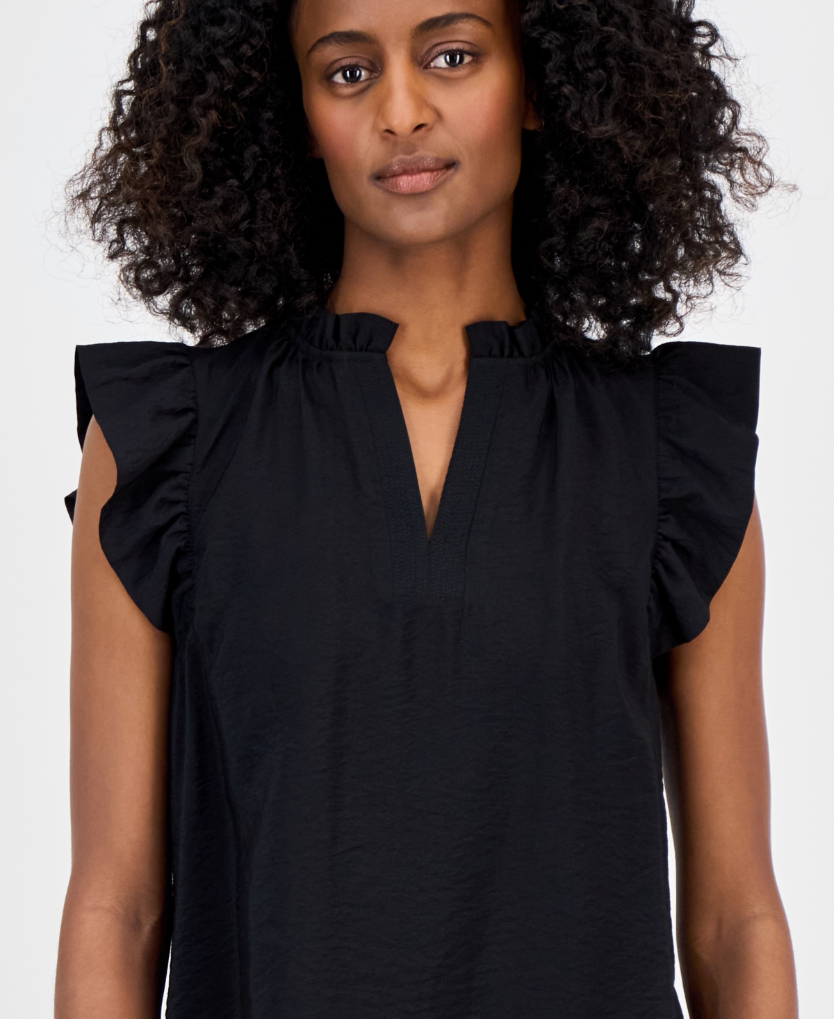 ANNE KLEIN WOMEN'S SLEEVELESS TEXTURED RUFFLE BLOUSE 