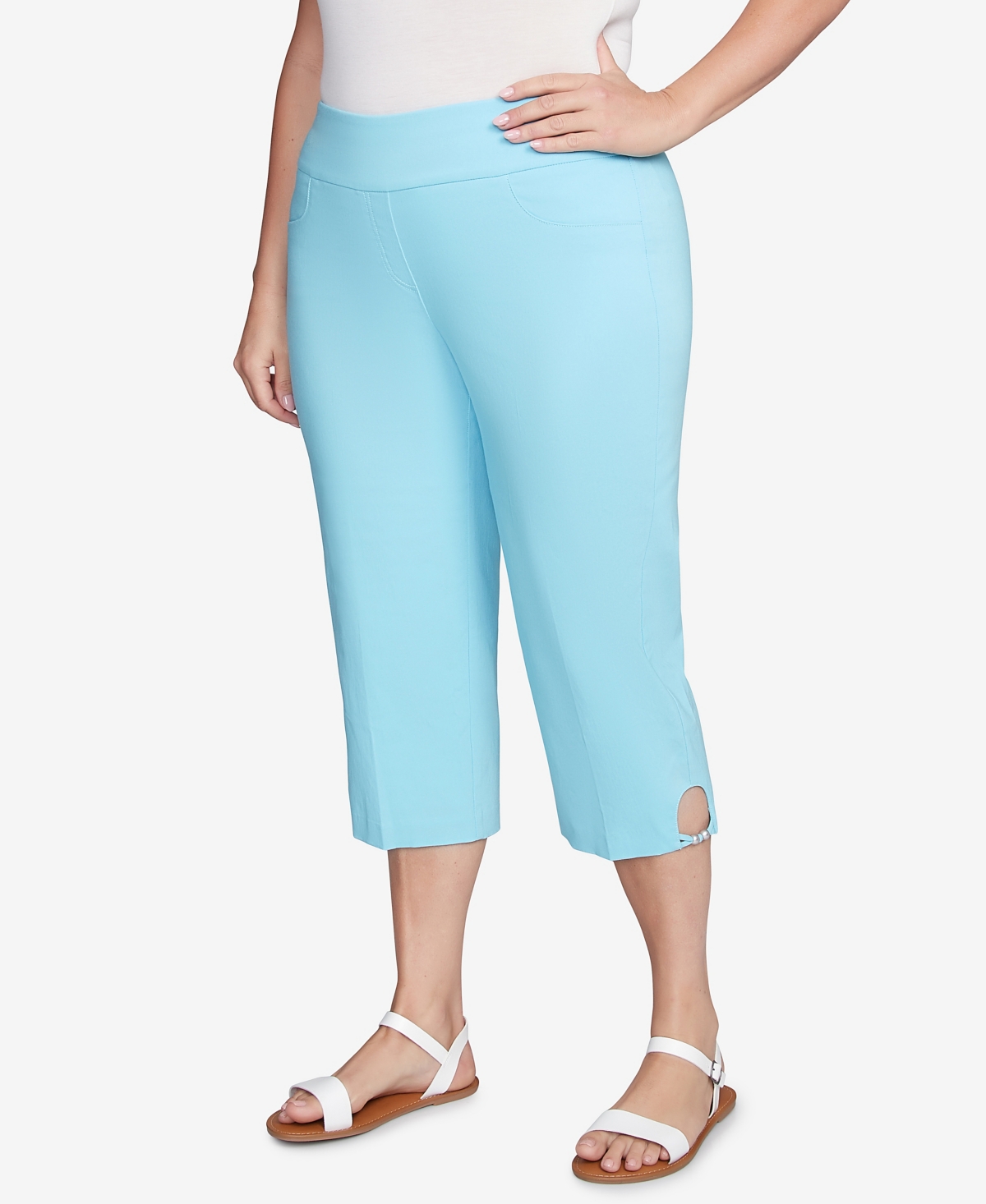Hearts Of Palm Plus Size Solid Pull On Capri Pants In Ocean Blue Multi