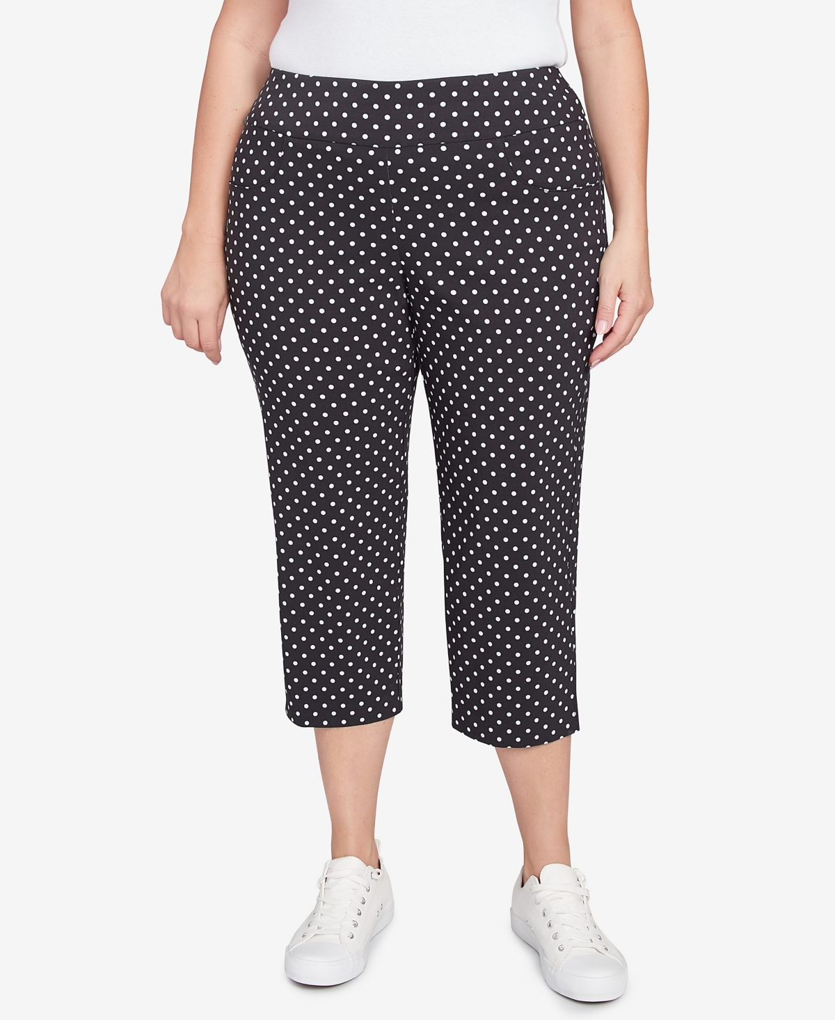 Hearts Of Palm Plus Size Polka Dot Print Capri Pants In Black Multi