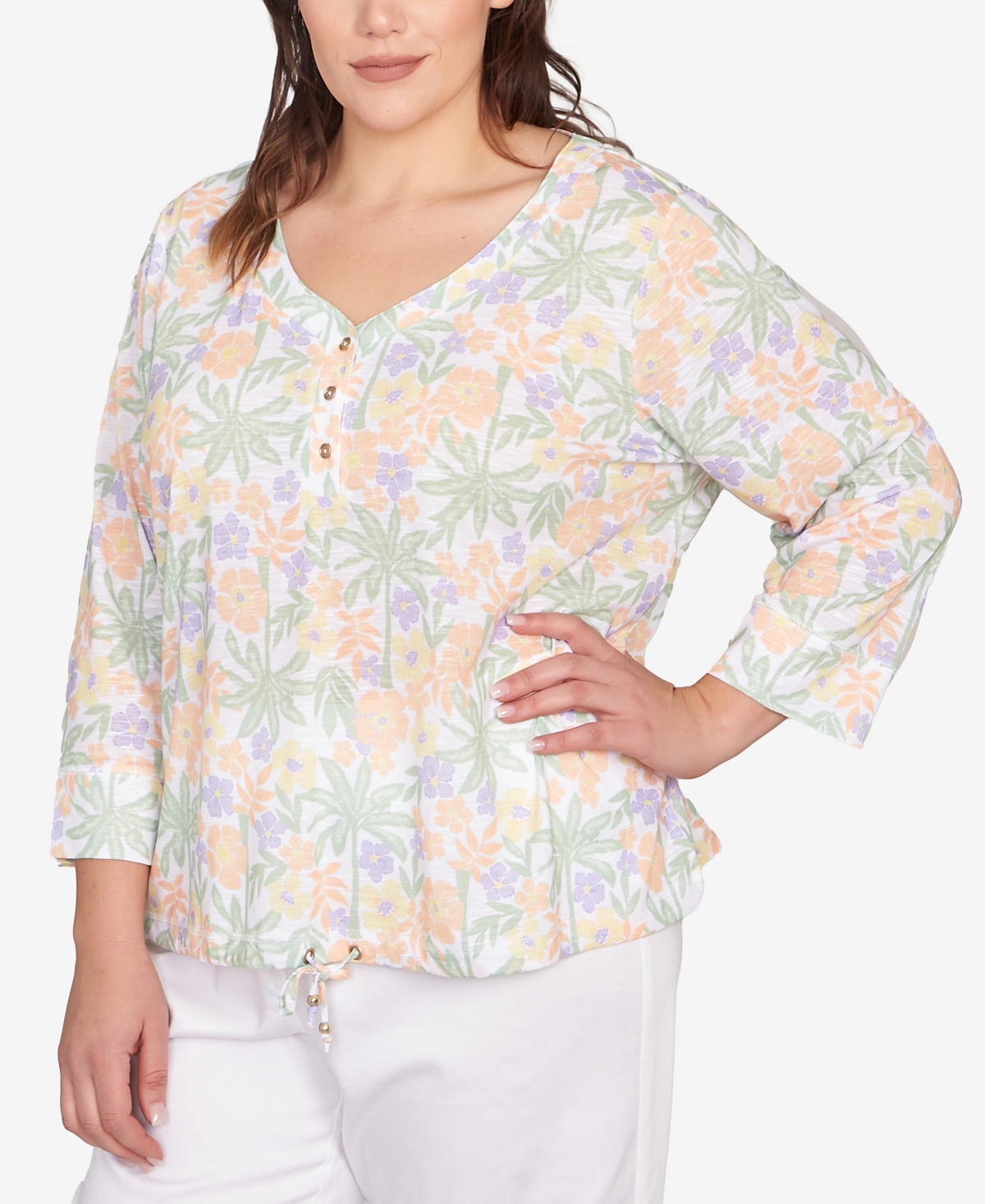 Hearts Of Palm Plus Size Three Quarter Sleeve Drawstring Top In Light Green Multi