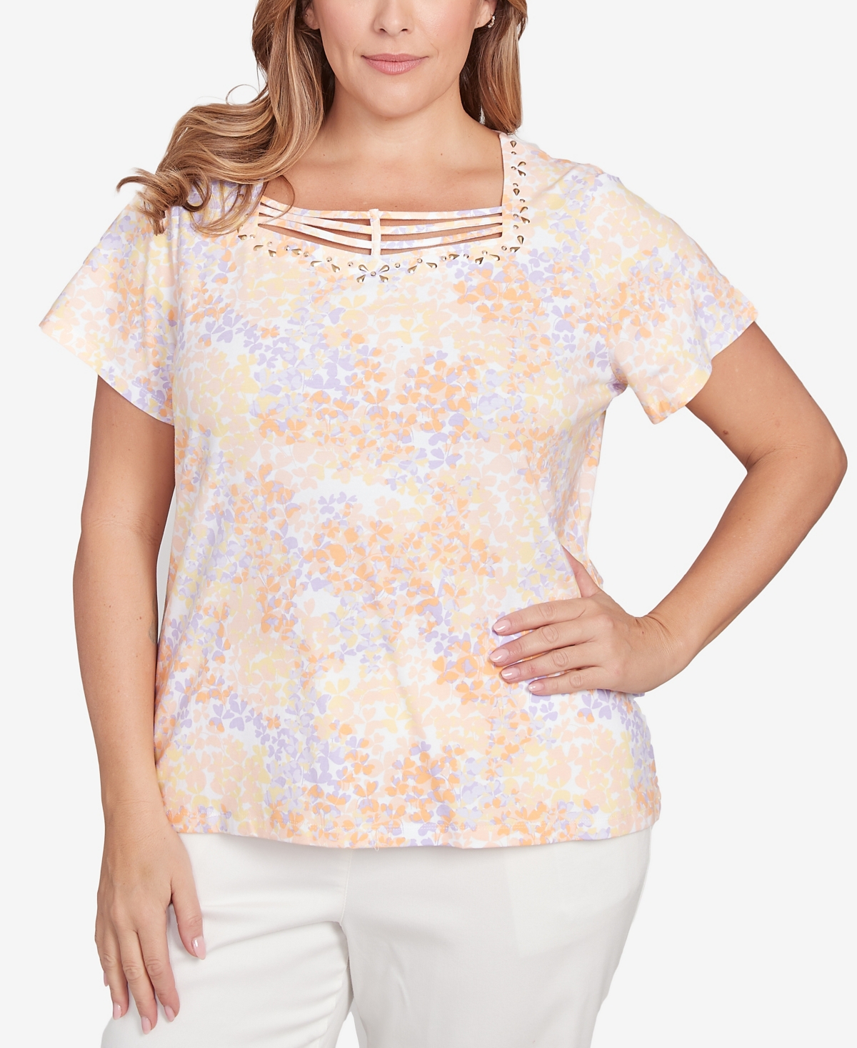 Plus Size Short Sleeve Strappy Top - Light Peach Multi