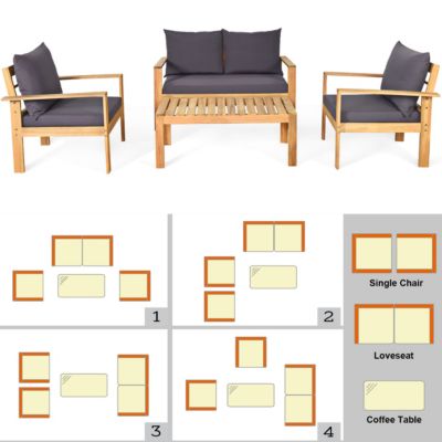 4PCS Patio Furniture Set Acacia Wood Thick Cushion Loveseat Sofa