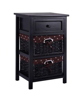 3 Tiers Wooden Storage Nightstand with 2 Baskets and 1 Drawer