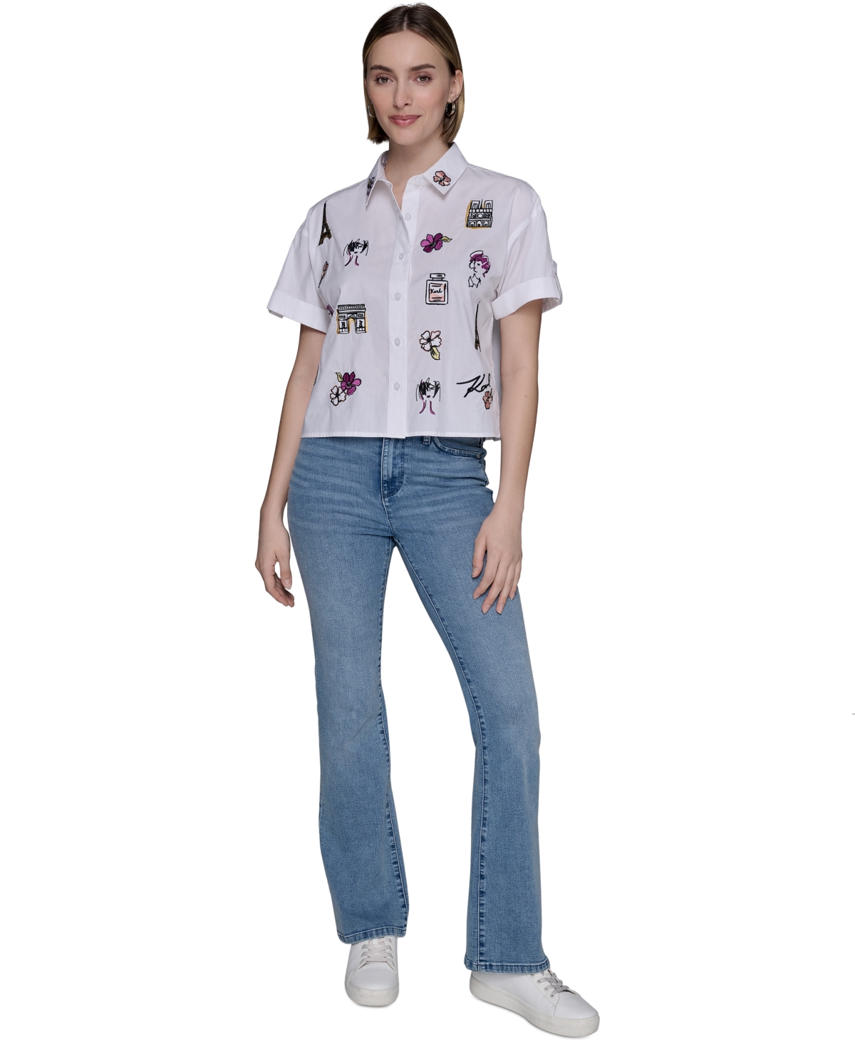 Karl Lagerfeld Petite Cotton Embroidered Short-sleeve Shirt In White