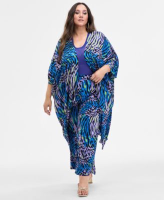 Trendy Plus Size Printed Kimono Sheer Sweater Knit Tank Printed Wide Leg Pants