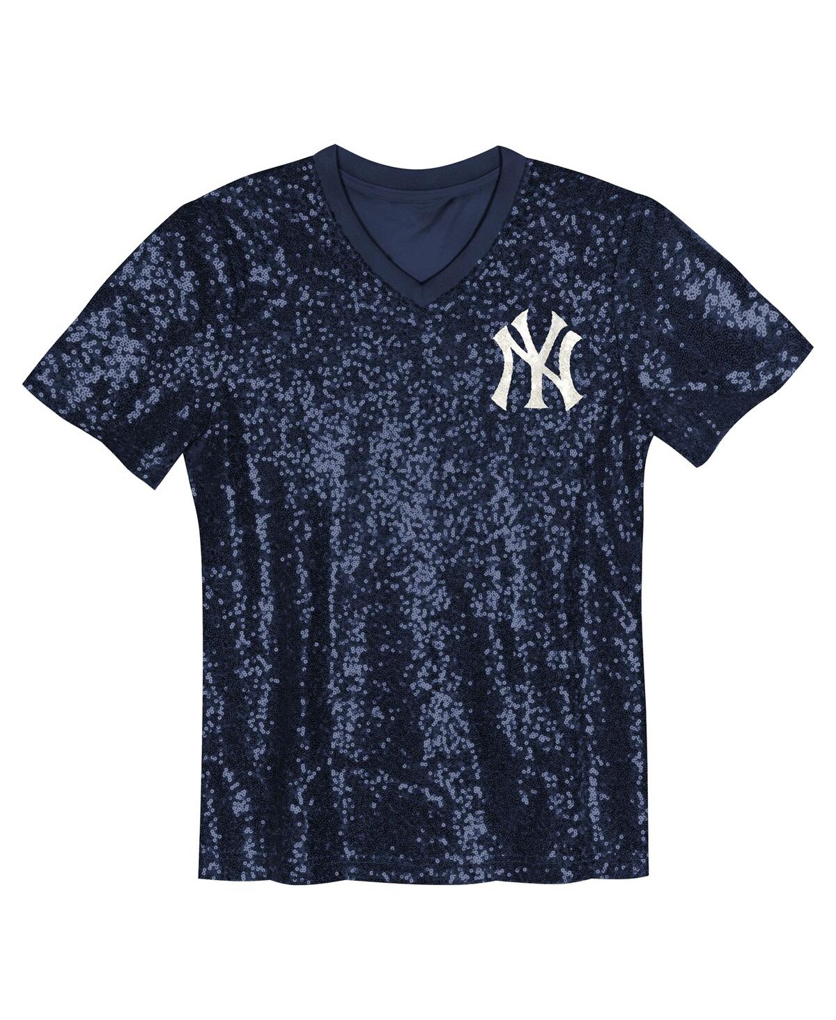 Outerstuff Juniors Aaron Judge Navy New York Yankees Name Number Sequin V-neck Top In Blue