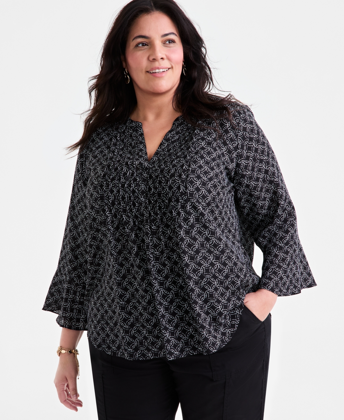 Plus Size Printed V-Neck Ruffle-Cuff Blouse, Exclusively at Macy's - Oreintal Kendal Green