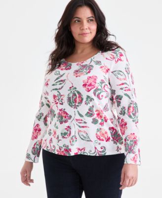 Style & Co - Plus Size Jungle Floral Scoop-Neck Long-Sleeve Top