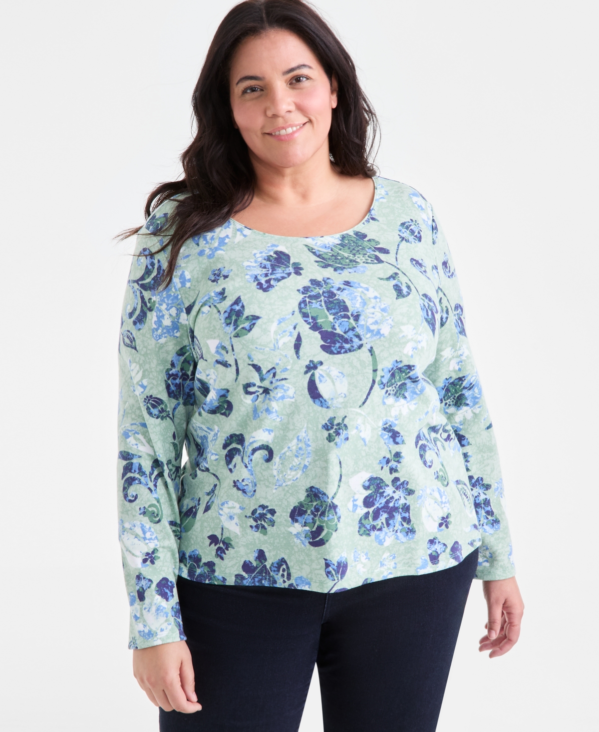 Style & Co Plus Size Printed Scoop-neck Long-sleeve Top, Exclusively At Macy's In Green