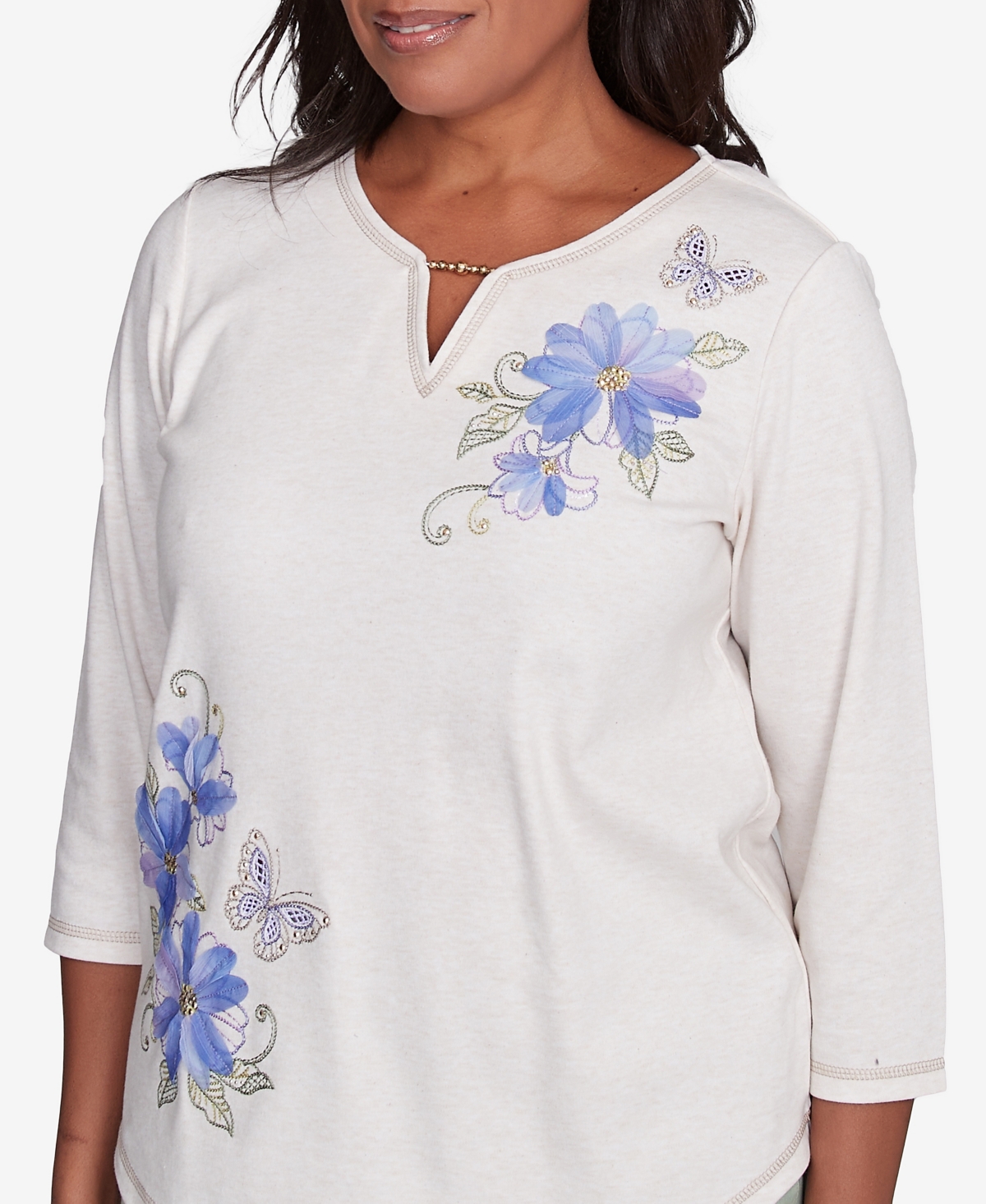 Alfred Dunner Petite Asymmetric Butterfly Floral Embroidered Top In White