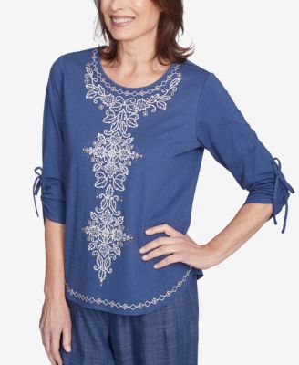 Petite Summer Solstice Embroidery Centered Tie Sleeve Top