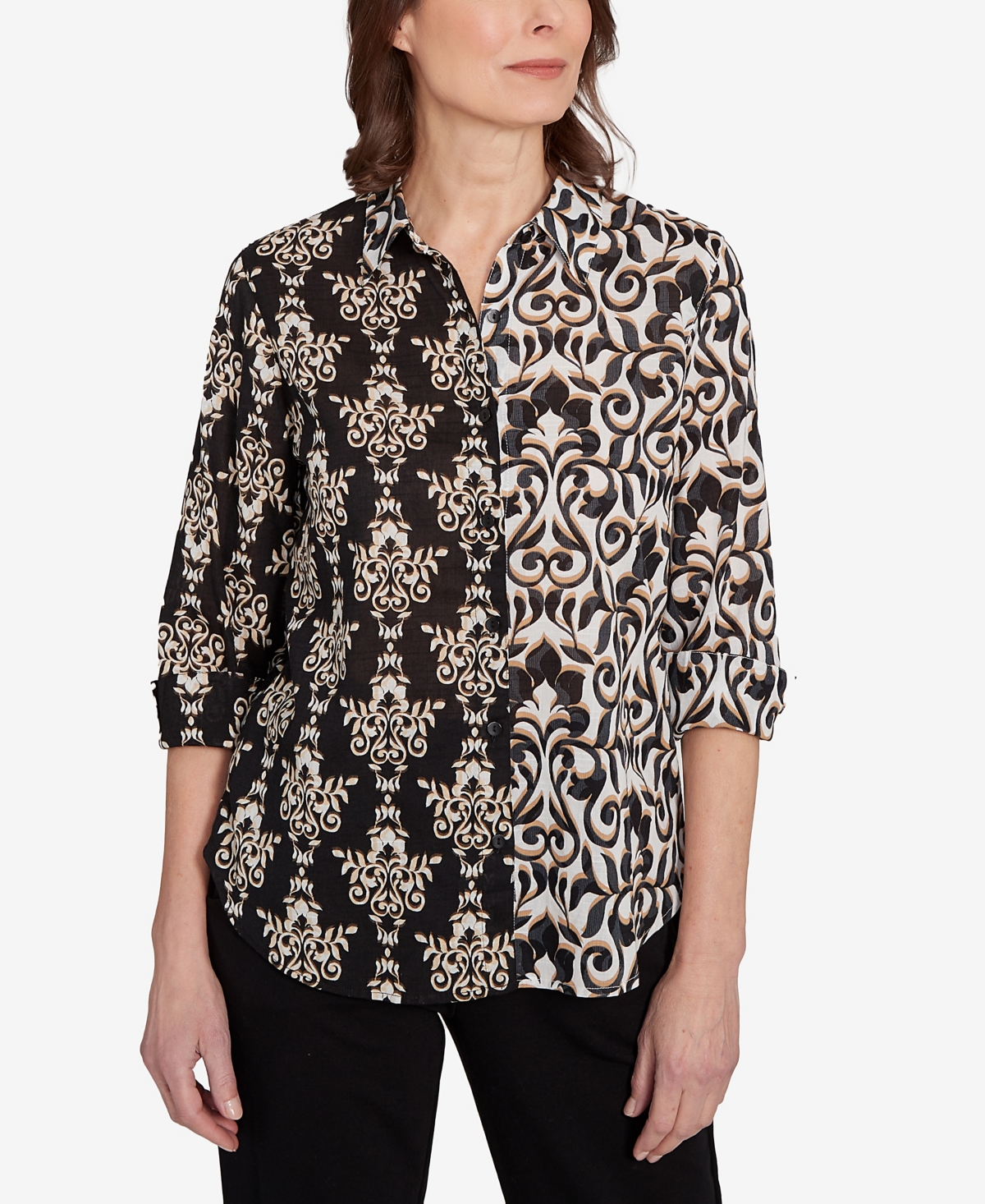 Alfred Dunner Petite Medallion Twin Print Button Front Top In Black Multi