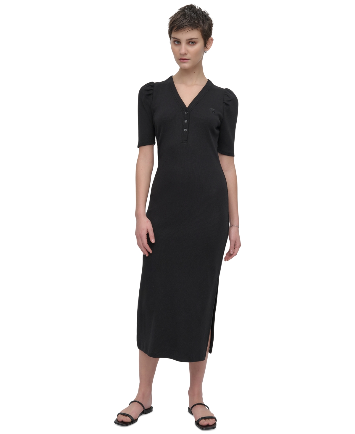 DKNY JEANS WOMEN'S PUFF-SLEEVE HENLEY MIDI DRESS 